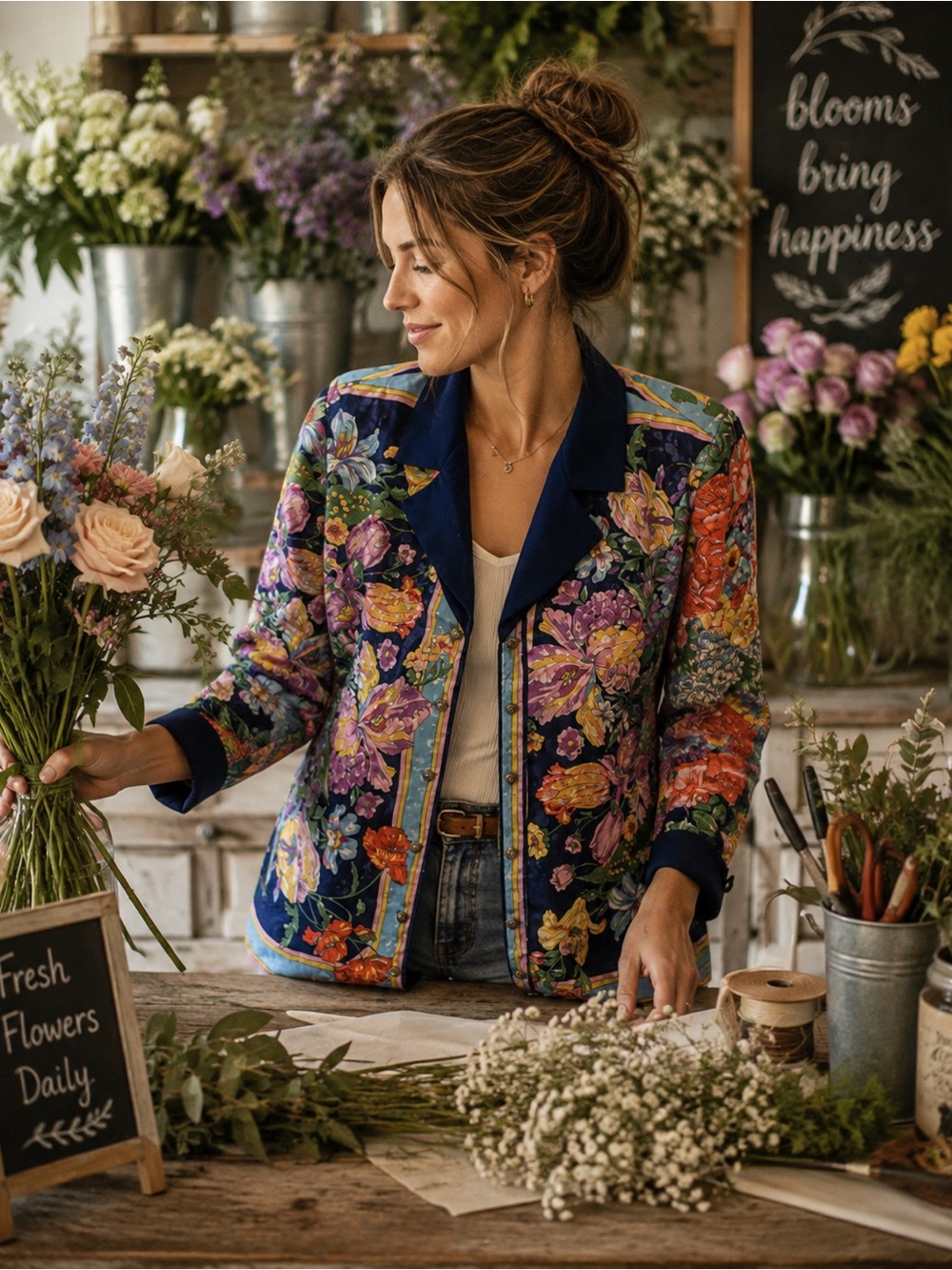 Vintage silky Floral Multicolor Blazer, jacquard